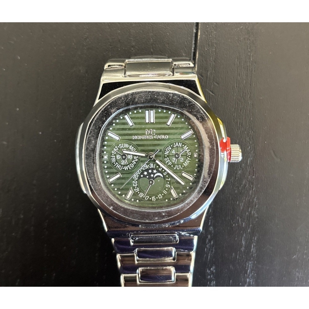 MC Watches & Co Quartz Moon Phase Day/Date Month Green Dial Cushion Bracelet